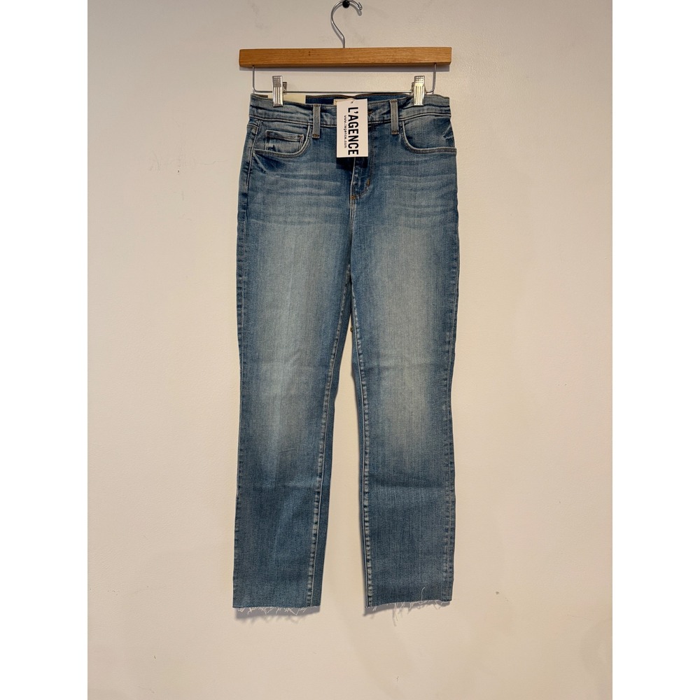 NWT L'AGENCE Sada Cropped Slim Jeans Blue Raw Hem High Rise Stretch Denim SZ 25